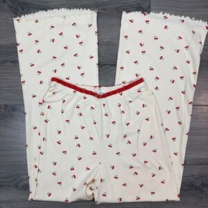 Love & Lazy Days Cherry Print Cotton Wide Leg Pajama Pants Cream Red Women's M
